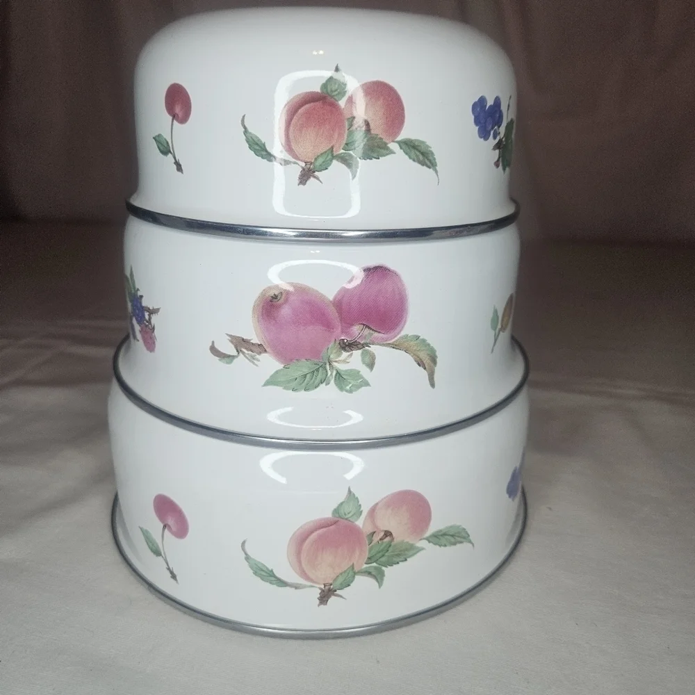 Vintage Enamel Fruit Bowls - Set Of 3 - Cherry, Raspberry, Apple, Grape, Peach